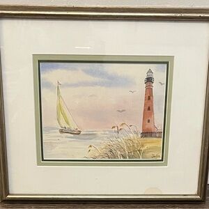 Framed Lighthouse and Sailboat Watercolor Art